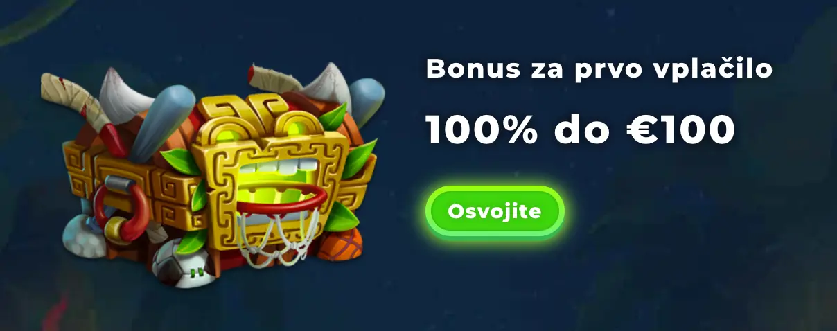 Bonus za prvo vplačilo – 100 % do 100 € s škatlo v obliki maske in svetlečimi očmi.